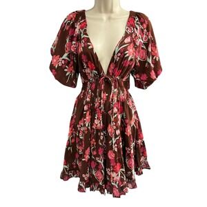 Free People Floral Open Back Smocked Mini Dress Puff Sleeve Brown Pink‎ S